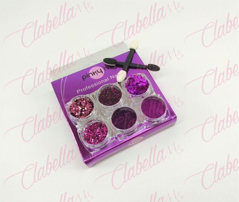 Efecto Pinky iva   ESPEJO, AZUCAR Y GLITTER MORADO  para uñas 6 piezas de 1/8 por paquete sin estuche SZ-G44