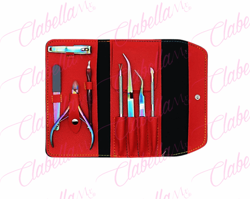 Kit para manicure o pedicure, incluye:  1 corta uñas 5.5cm,  1 pinza 8.5cm, 1 alicata 8.5cm, 1 lima y 4 herramientas aprox de 7cm en estuche  tipo cartera, surtido  (8 piezas)