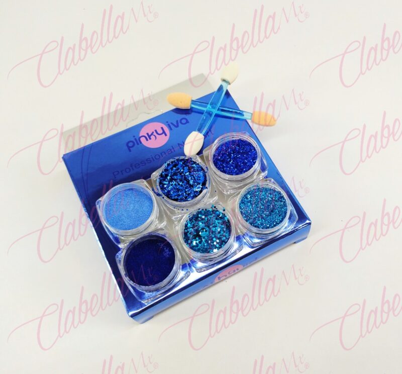 Efecto Pinky iva   ESPEJO, AZUCAR Y GLITTER AZUL  para uñas 6 piezas de 1/8 por paquete sin estuche SZ-G42