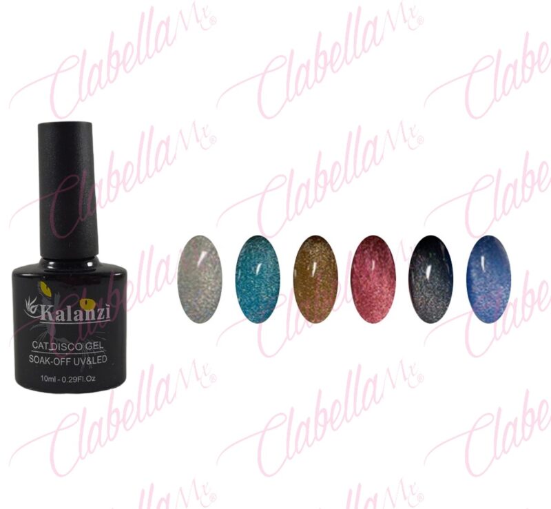 Geles Kalanzi uv/led cat disco (efecto ojo de gato con glitter fino) para uñas  6 piezas de 10ml por gama (Se necesita imán)