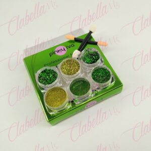 Efecto Pinky iva  ESPEJO, AZUCAR Y GLITTER VERDE para uñas 6 piezas de 1/8 por paquete sin estuche SZ-G43