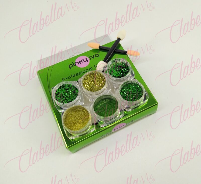 Efecto Pinky iva  ESPEJO, AZUCAR Y GLITTER VERDE para uñas 6 piezas de 1/8 por paquete sin estuche SZ-G43