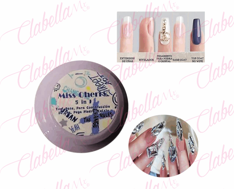 Gel Miss Cherry uv/led  5 in 1 Nivelador, Extension de uñas, pegamento para cristales, base coat y top coat 15ml por pieza