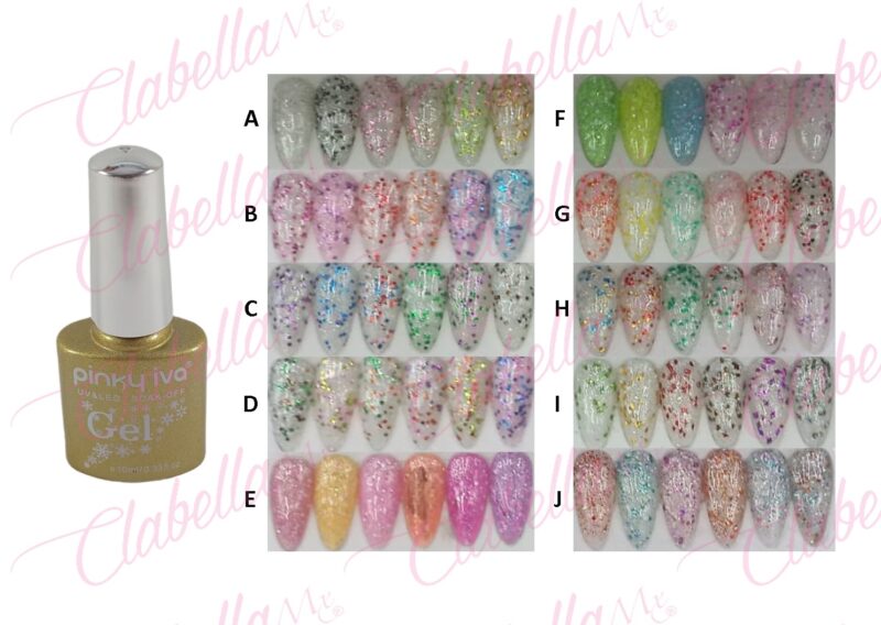 Geles Pinky iva uv/led Snow flake  (copos,crispy y glitter fino) para uñas  6 piezas de 10ml por gama  SZ-L9 ESPECIFICAR: