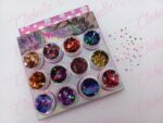 Decoración diferentes FIGURAS MEZCLADAS con estrellas, lunas,mariposas para uñas 12 piezas de 1/8oz  por estuche, (Con estuche) surtido KT(271)-0820 (Figuras mezcladas, NO con glitter, ni crispy)