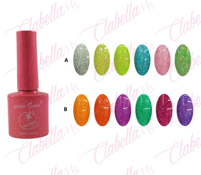 Geles Yuan Quan uv/led Láser sequins (lentejuelas) tipo glitter unicornio para uñas  6 piezas de 10ml por gama A-L129 (PB)ESPECIFICAR: