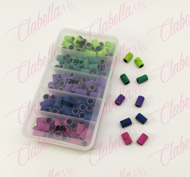 Limas de tambor - barrilito de color para uñas,  3 granos diferentes 8 piezas), 180 (60 piezas)  total aprox 150 piezas en estuche aprox de 150 (30 piezas), 120 (60x8cm (Estuche de 5 divisiones, NO de 3 )
