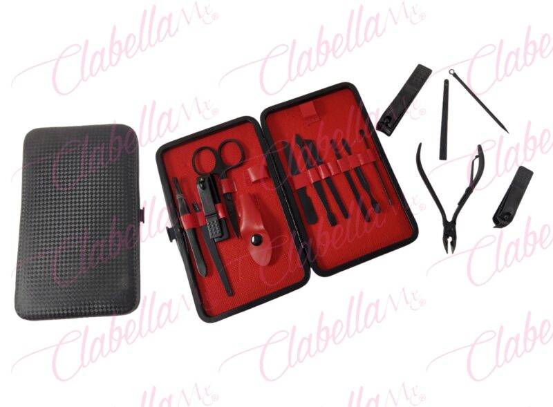 Kit para manicure, pedicure u otros, incluye:  3 corta uñas 5.5cm, 6cm y 7.5cm , 1 tijeras 8.5cm, 1 pinza 9cm, 1 alicata 9.5cm y 9 herramientas aprox de 9cm en estuche  tipo cartera, A-MC17 surtido  (TOTAL 15 PIEZAS)