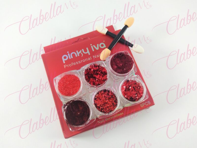 Efecto Pinky iva UNICORNIO, ESPEJO, AZUCAR, GLITTER Y FLAKE ROJO para uñas 6 piezas de 1/8 por paquete sin estuche. SZ-LQ24