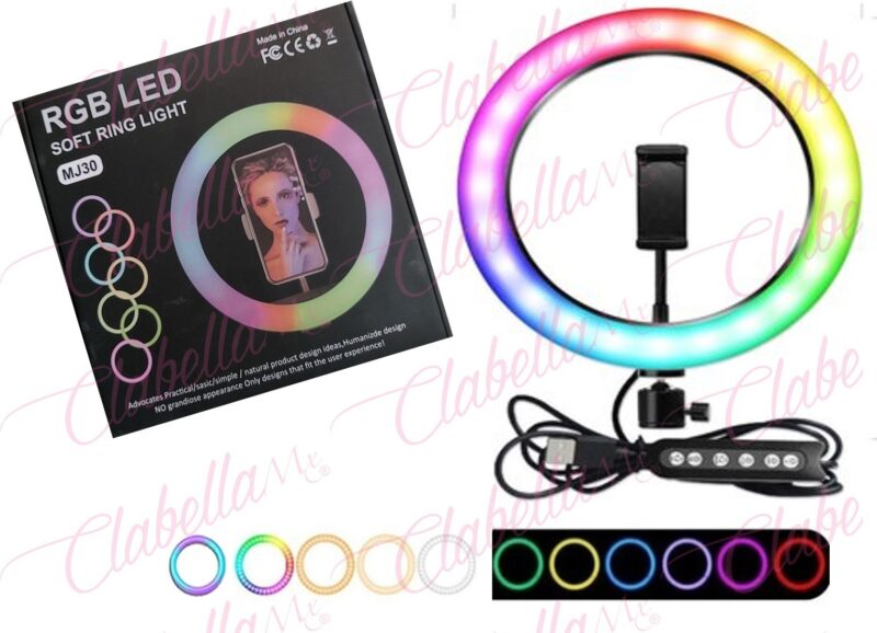 Aro de luz Led RGB multiusos 12" , con luz de color, blanca y cálida e intensidad regulable, aprox de 30x30cm 15w solo con cable usb por pieza (Con tripie)