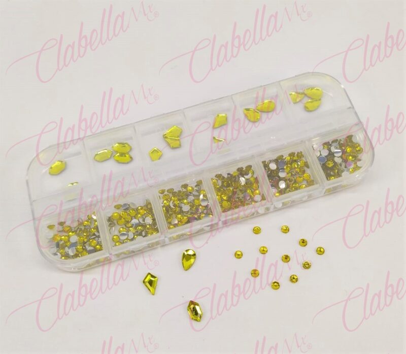 Decoración CRISTALES de plástico AMARILLO CON FIGURAS para uñas, aprox 400 piezas en pastillero - estuche de plástico de 13x5cm con 12 divisiones y tapa individual, surtido (pb)