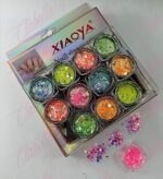 Decoración AZUCAR NEON CON FLAKE Y FIGURAS MIXTAS para uñas 12 piezas de 1/8 por estuche, (Con estuche) surtido (PB)