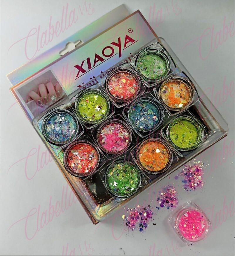 Decoración AZUCAR NEON CON FLAKE Y FIGURAS MIXTAS para uñas 12 piezas de 1/8 por estuche, (Con estuche) surtido (PB)