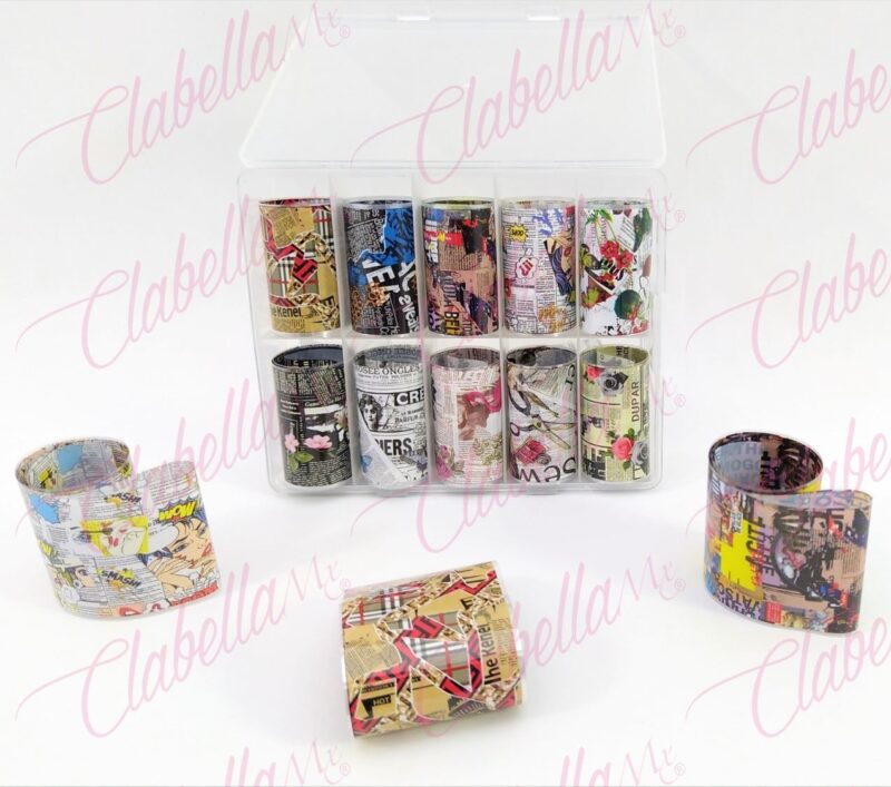 Papel foil París vintage para uñas,  en estuche de 13x10cm con 10 rollos aprox de 50x4cm, surtido