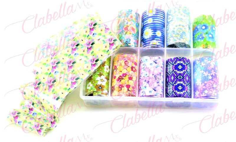 Papel foil floreado para uñas, en estuche de 13x10cm con 10 rollos aprox de 4x50cm, surtido (FLORES)