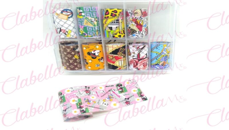 Papel foil caricatura y marcas para uñas, en estuche de 13x10cm con 10 rollos aprox de 4x50cm, surtido