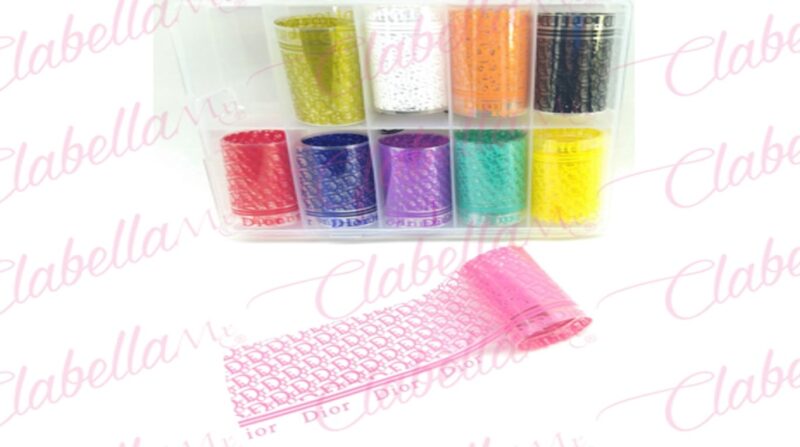 Papel foil marcas color neón para uñas, en estuche de 13x10cm con 10 rollos aprox de 4x48cm, surtido (PB)
