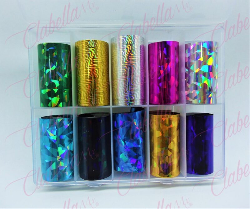 Papel foil simetrico para uñas, en estuche de 13x10cm con 10 rollos aprox de 4x50cm, surtido (PB)