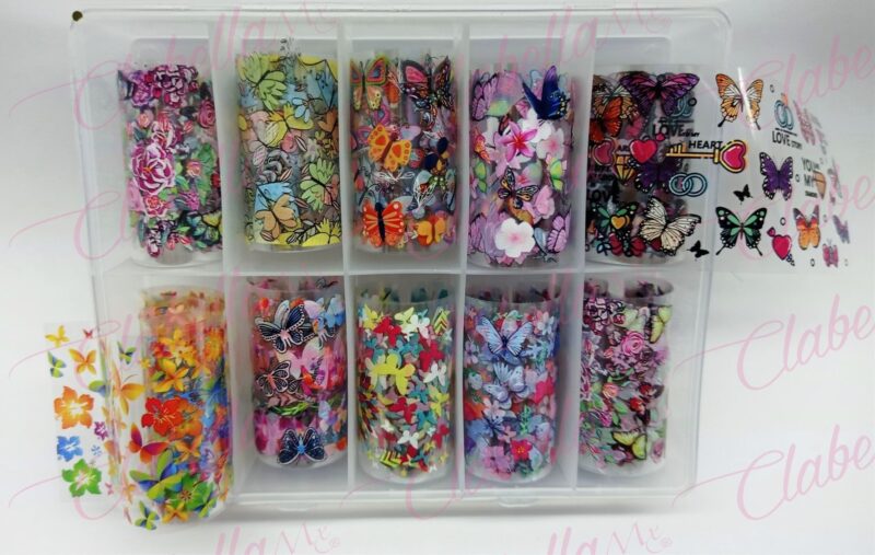 Papel foil mariposas para uñas, en estuche de 13x10cm con 10 rollos aprox de 4x50cm, surtido (PB)