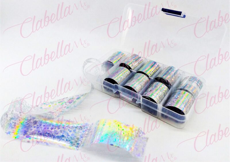 Papel foil plata para uñas, en estuche de 13x10cm con 10 rollos aprox de 4x50cm, surtido (PB)