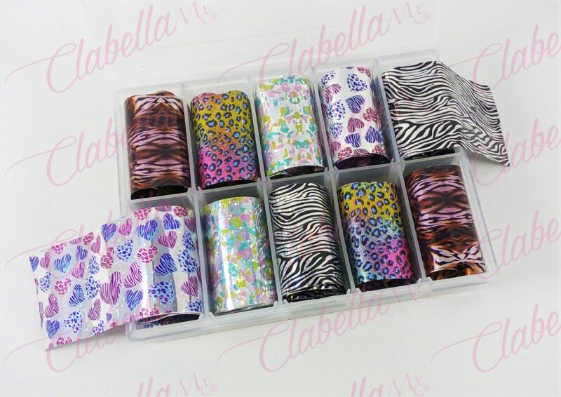 Papel foil figuras varias para uñas, en estuche de 13x10cm con 10 rollos aprox de 4x60cm, surtido (PB)