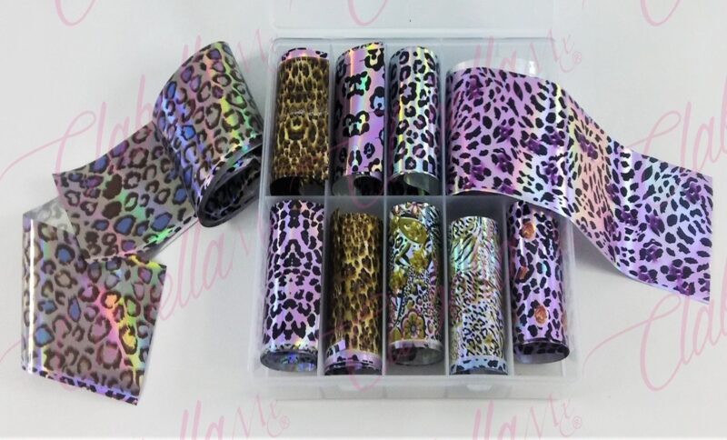 Papel foil animal print para uñas, en estuche de 13x10cm con10 rollos aprox de4x90cm, surtido (PB)