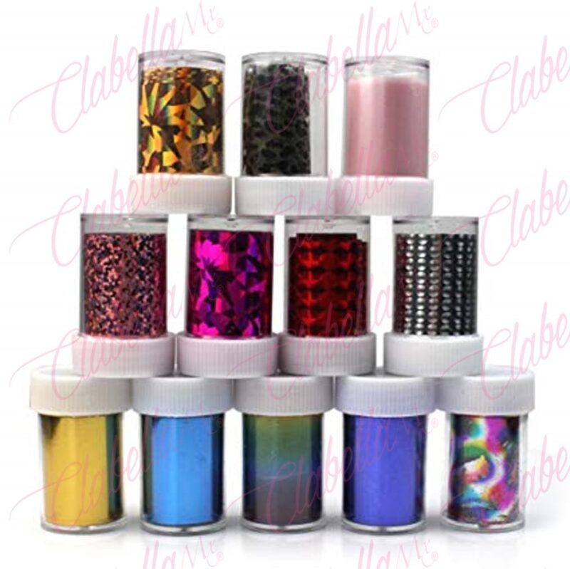 Papel foil de colores para uñas  12 botecitos con rollos aprox de 4x85cm por paquete, surtido (PB)