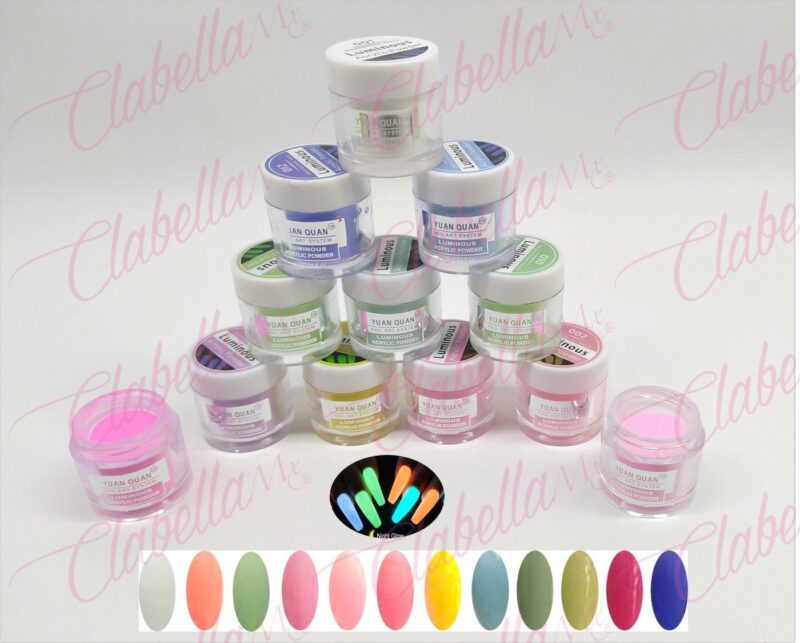 Acrílico Yuan Quan Glow Luminous brilla en la oscuridad gama A  para uñas 12 piezas de 10gr-1/4oz por paquete. AL-34 /Y1-YG1