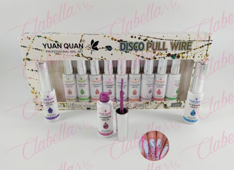 Gel Yuan Quan uv/led gama disco diamond (reflectiva) en forma de delineador para decorar uñas 12 piezas de 13 ml por estuche. A-L93
