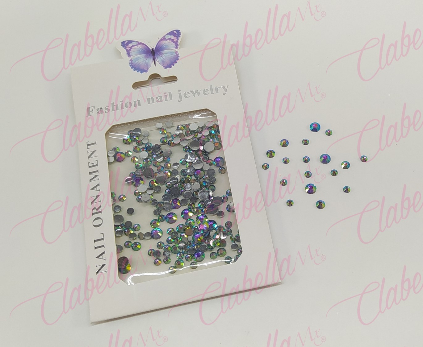 Decoración CRISTAL de plástico color TURQUESA TONOS MORADO Y DORADO CAMALEON en diferentes tamaños para uñas, aprox 600 piezas en sobre de 11.5x7cm, Q22-G1