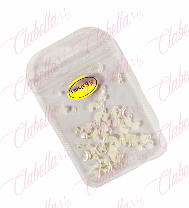 Decoración COLOR PERLA de CORAZÓN, LUNA,MEDIA PERLA, FIGURAS GEOMÉTRICAS Y MOÑOS para uñas aprox 100 piezas por sobre, surtido KLZ-YO79  (PB)