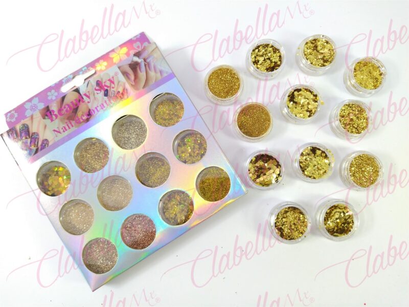Decoración dorado GLITTER,AZUCAR Y FIGURA GEOMETRICA para uñas 12 piezas de 1/8 por paquete, (Sin estuche) surtido