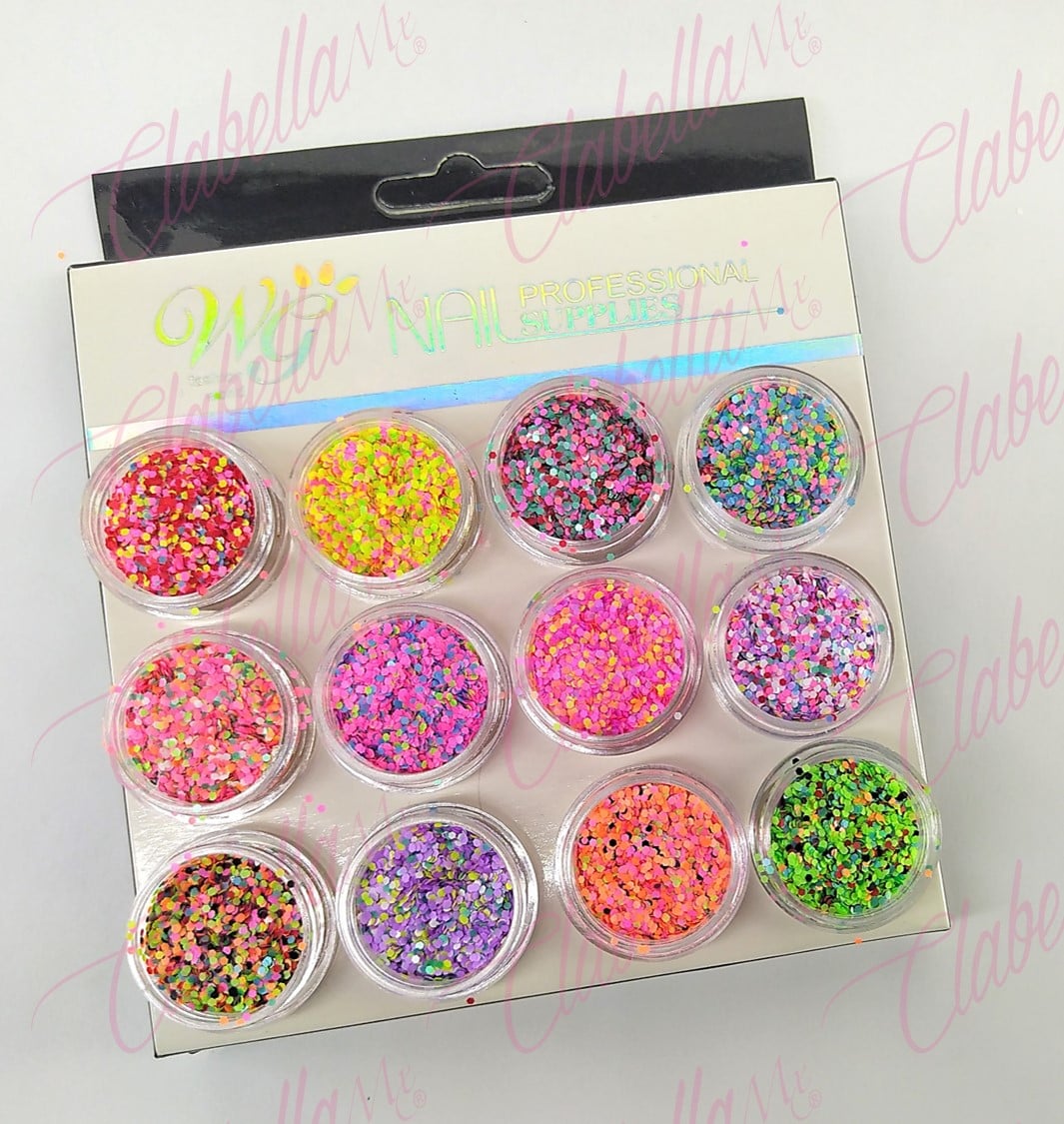 Decoración GLITTER NEON  para uñas 12 piezas de 1/8 por paquete, (Sin estuche) surtido KT(262)-0256