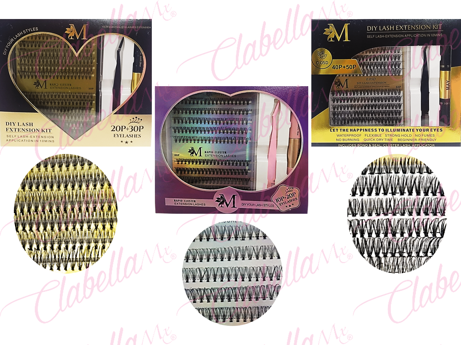 Kit para Extension de pestaña MAY contiene: 1 blister de pestaña mixta con 240 racimos, 1 pinza doble con peine para pestañas y 1 Primer con pegamento negro (pb) ESPECIFICAR: