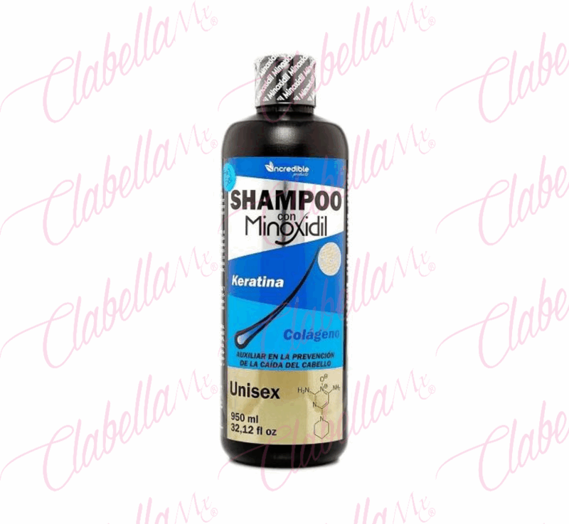 Shampoo Incredible con Minoxidil sin Sal con Keratina y Colageno Anti Caida para Cabello, 950ml por pieza