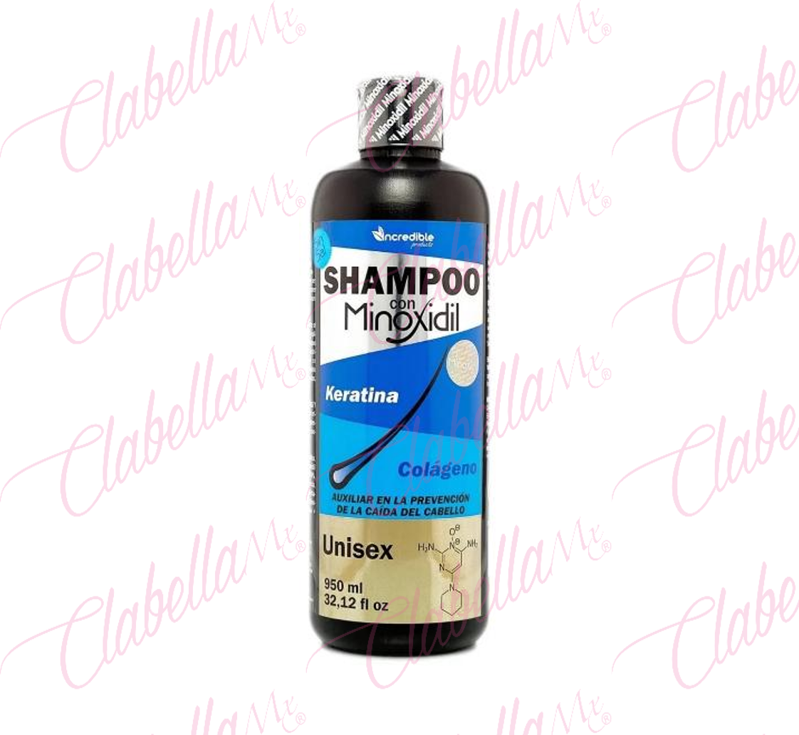 Shampoo Incredible con Minoxidil sin Sal con Keratina y Colageno Anti Caida para Cabello, 950ml por pieza