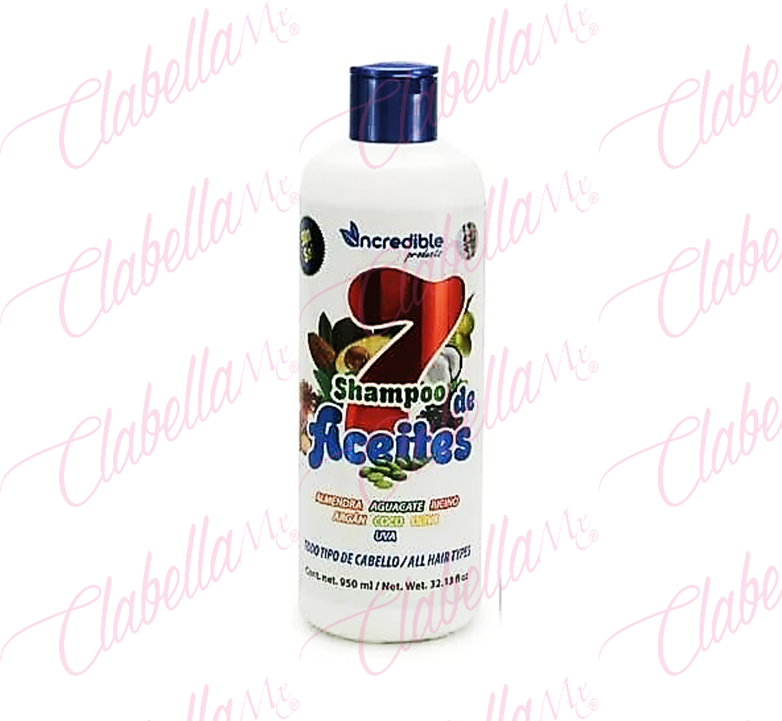 Shampoo Incredible 7 Aceites Sin Sulfatos y Parabenos, aceites de Aguacate, Ricino, Almendra, Coco, Oliva, Argán y Uva, Repara las puntas y elimina el frizz promueve el crecimiento nuevo del cabello reforzando adicionalmente desde la raíz, 950ml por pieza