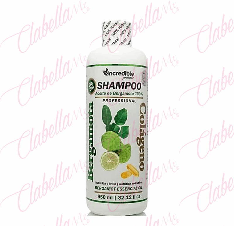 Shampoo Incredible Bergamota Y Colageno Brillo Nutricion Shampo Profesional, dejando el cabello fuerte sedoso y suave, 950ml por pieza