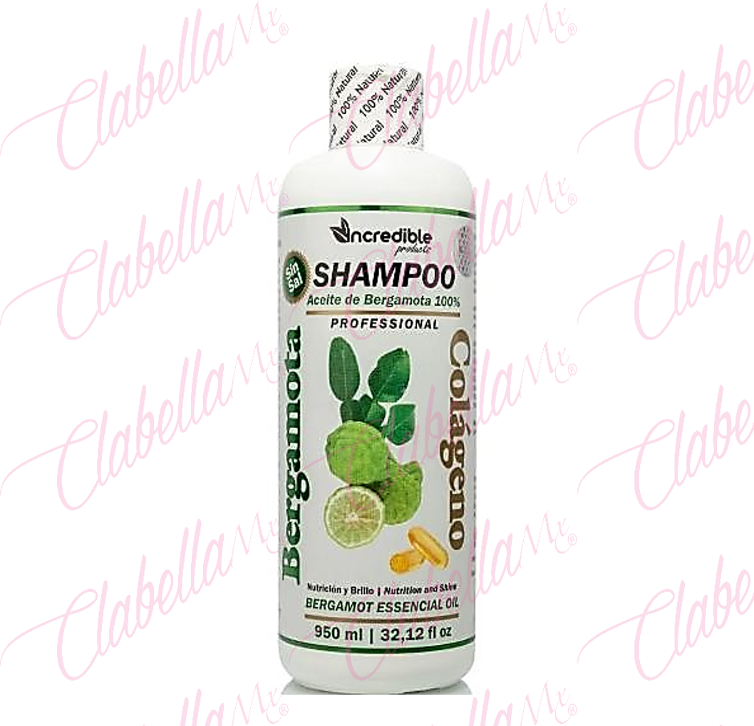 Shampoo Incredible Bergamota Y Colageno Brillo Nutricion Shampo Profesional, dejando el cabello fuerte sedoso y suave, 950ml por pieza