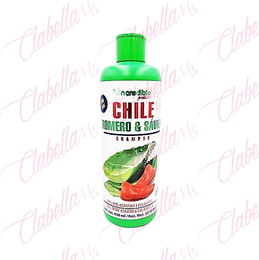 Shampoo Incredible Chile Romero & Sábila, Limpia cuida e hidrata el cabello, Fortalecimiento, activa los mecanismos de la piel cabelluda, acelera el crecimiento capilar 950ml por pieza