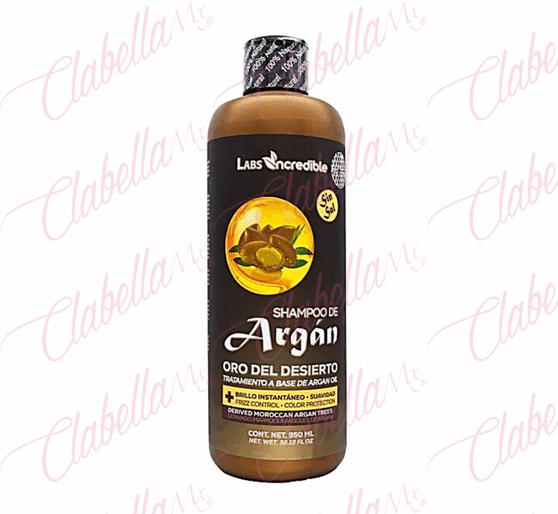 SHAMPOO Incredible Argán Oro del Desierto, repleto de vitamina E y ácidos grasos, hidrata el cabello sin dejar un aspecto graso, hidratación profunda y brillo intenso, dándole al cabello un aspecto sedoso y sano, 950ml por pieza