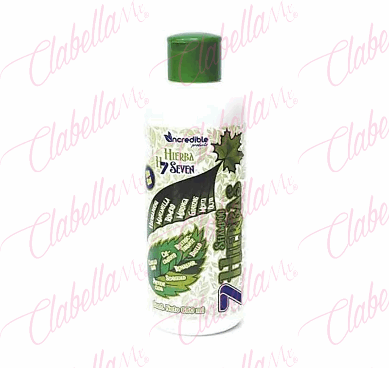 Shampoo Incredible Hierba Seven Sin Sal Romero Ginseng Manzanilla, con extracto de menta, ginseng, moringa, manzanilla, de romero, entre otros, limpiarán suavemente tu cuero cabelludo y tu cabello, previendo su caída al devolverle su fuerza y su volumen, 950ml por pieza