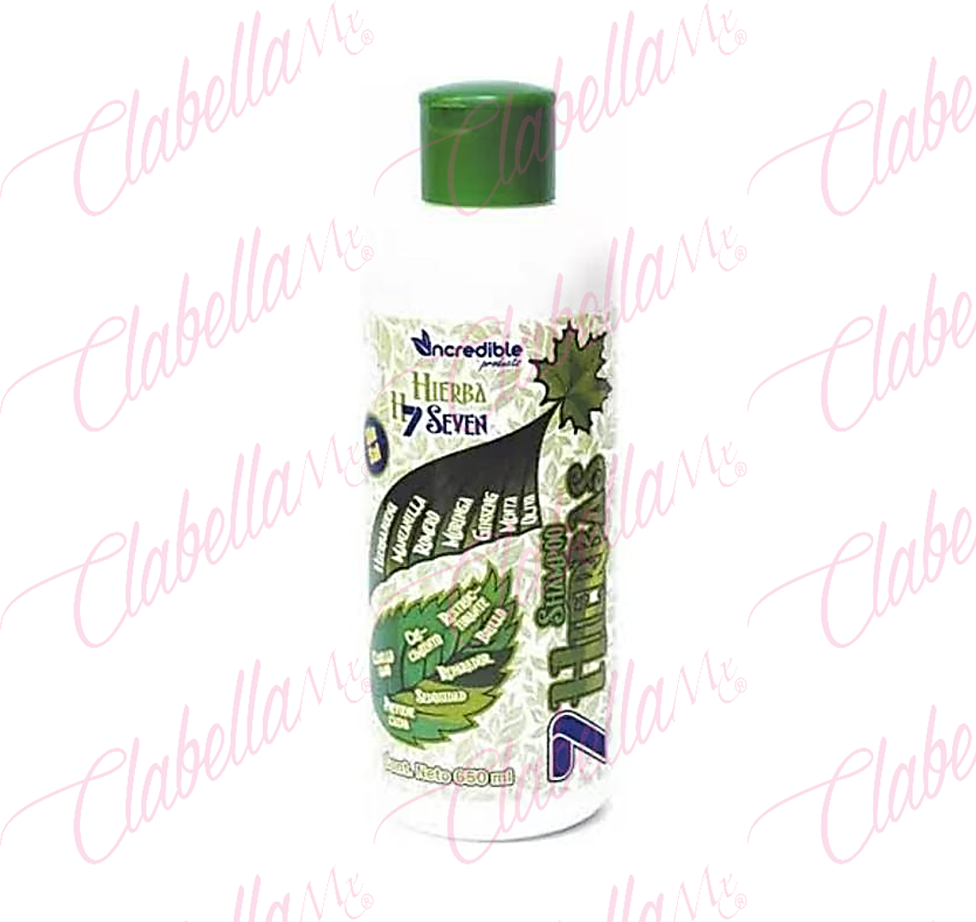 Shampoo Incredible Hierba Seven Sin Sal Romero Ginseng Manzanilla, con extracto de menta, ginseng, moringa, manzanilla, de romero, entre otros, limpiarán suavemente tu cuero cabelludo y tu cabello, previendo su caída al devolverle su fuerza y su volumen, 950ml por pieza