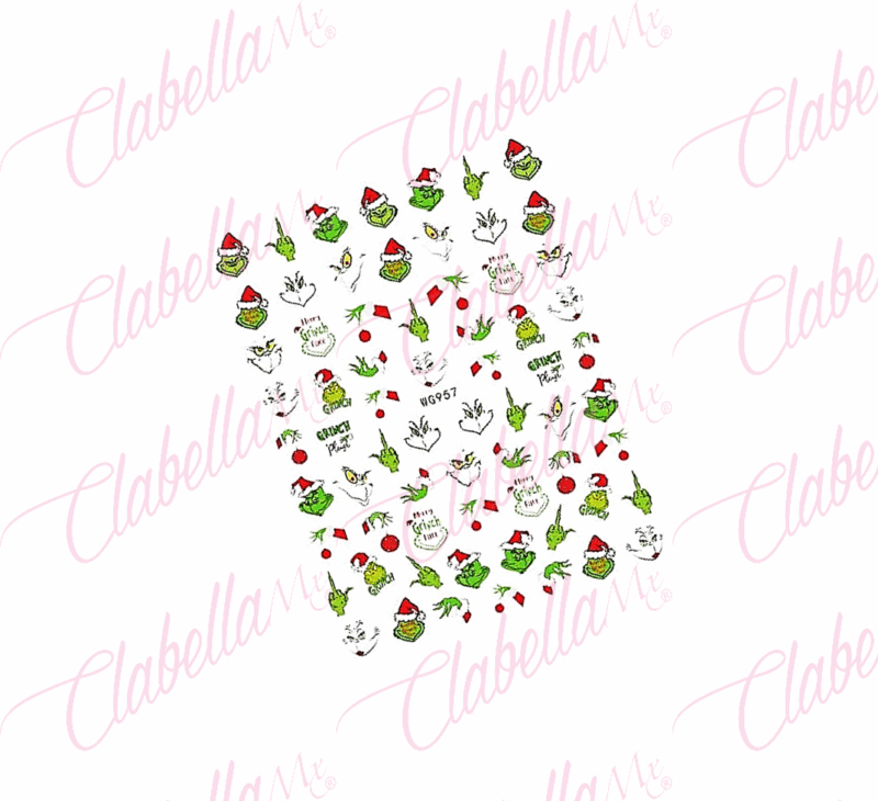 Decoración sticker EL GRINCH NAVIDAD para uñas aprox de 6.5x8.5cm por planilla, surtido