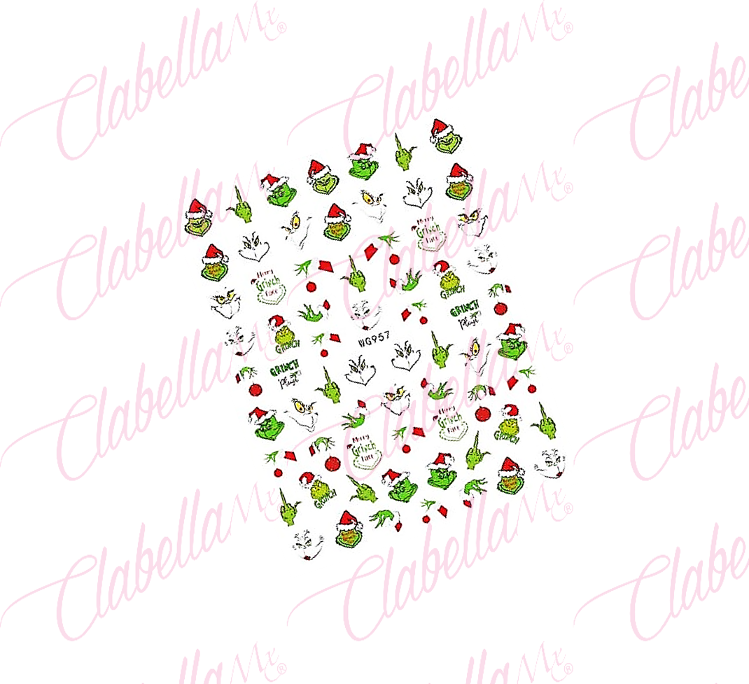 Decoración sticker EL GRINCH NAVIDAD para uñas aprox de 6.5x8.5cm por planilla, surtido