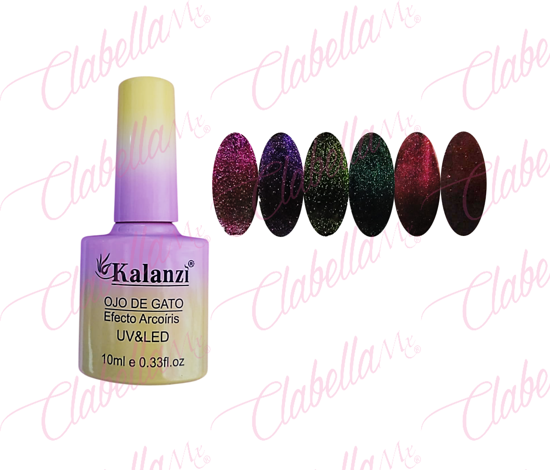 Geles Kalanzi uv/led Ojo de Gato ARCOIRIS para uñas 6 piezas de 10ml por gama (aplicada sobre base negra) KLZ-Q087