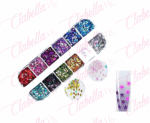 Decoración ESTRELLAS CHICAS  METALICAS para uñas en pastillero estuche de 13x5cm con 12 divisiones y tapa individual, surtido