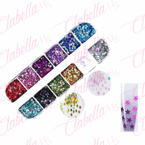 Decoración ESTRELLAS CHICAS  METALICAS para uñas en pastillero estuche de 13x5cm con 12 divisiones y tapa individual, surtido