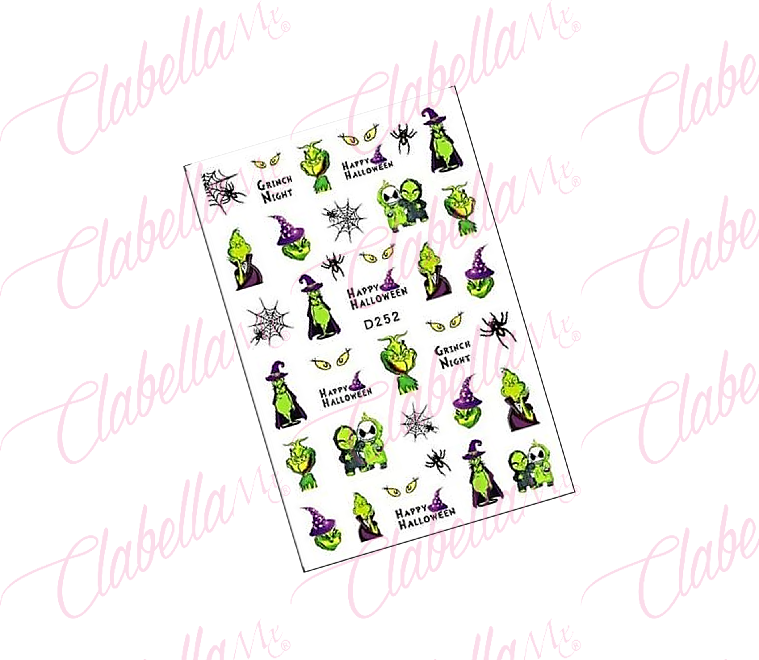Decoración sticker de EL GRINCH HALLOWEEN para uñas aprox de 7.5x12cm por planilla, surtido