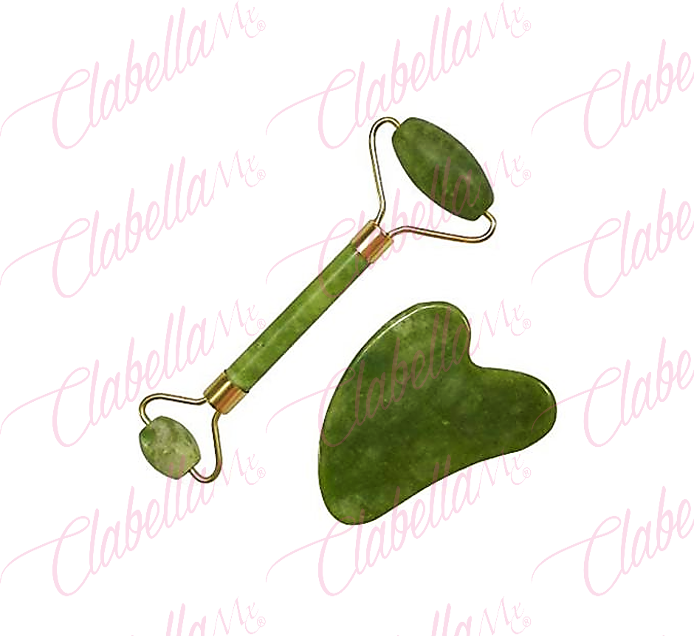 Duo de masajeadores facial, GUA SHA y RODILLO facial, piedra de jade para el aumento sanguineo, drenaje linfatico y estimulador de la piel, aprox 6.5cm, y 14cm